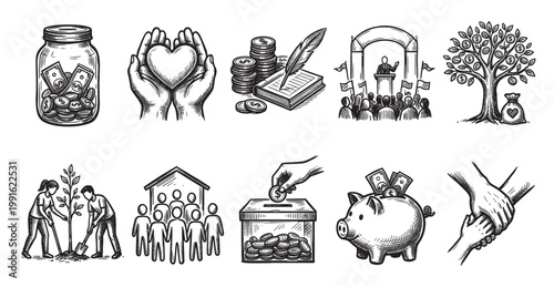 This is a collection of hand-drawn black and white illustrations representing various financial and charitable concepts, including money saving, donations, growth, and community support.