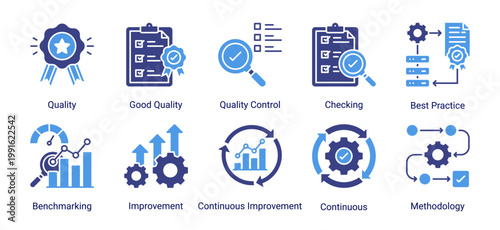 Icon set focused on quality assurance,standardization,and continuous improvement processes.Suitable for business,manufacturing,and operational excellence projects.