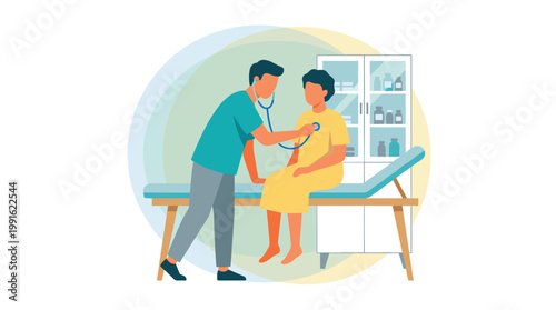 A focused male doctor uses a stethoscope to perform a routine heart and lung check on an elderly patient in a clinic room with soft yellow lighting.