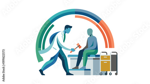 A stylized doctor tests a patient's reflexes with a hammer in a clean and modern clinical setting under a vibrant multi-colored abstract rainbow arch.