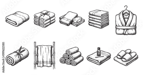 Vintage style line art collection of various spa and bath items including folded towels, soap, bathrobe, slippers, and essential oil bottle.