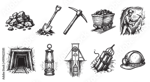 A collection of black and white sketches depict various mining elements including coal, tools, a miner, a mine entrance, a lantern, dynamite, and a helmet.