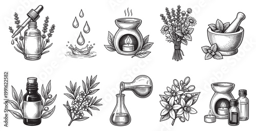 A collection of vintage-style illustrations depicting ingredients and tools for aromatherapy, essential oils, and herbal remedies, including bottles, herbs, flowers, and diffusers.