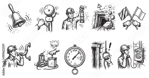 A collection of hand-drawn vintage illustrations depicts various mining tools and actions, including a bell, a miner with a lamp, dynamite, and communication devices.