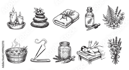 A collection of hand-drawn spa and wellness elements including candles, massage stones, incense, essential oil, and a massage scene.