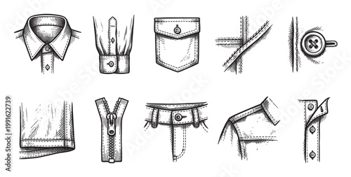 A collection of hand-drawn sketch illustrations depicting various clothing elements like collars, pockets, zippers, buttons, and seams from formal shirts and trousers.