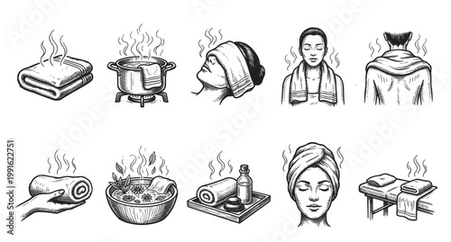 This black and white sketch collection depicts various spa and wellness elements including hot steaming towels, herbal baths, massage oils, and a massage table.