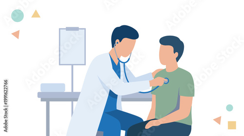 A professional male physician wearing a pristine white lab coat meticulously conducts a physical examination on a young patient in a clinic with a soft white color motif.