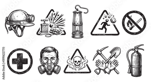 A collection of hand-drawn icons representing mining safety, including a helmet, dynamite, lamp, danger signs, and medical equipment.