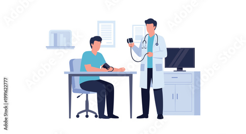 A male healthcare worker uses a manual blood pressure cuff to check the vitals of a patient sitting at a desk in a medical office with soft blue tones.