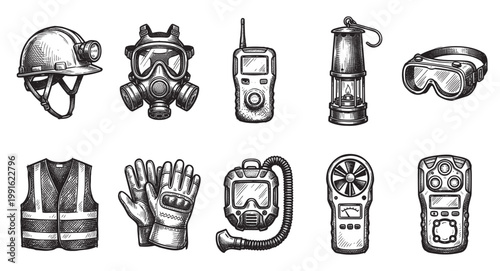 A black and white sketch depicts a collection of industrial safety gear including a hard hat, gas mask, and safety vest, useful for illustrating workplace hazards and protection.