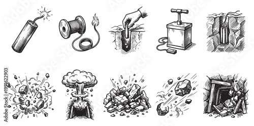 A vintage illustration depicts dynamite, fuses, blasting caps, a plunger, and various explosion scenes, suitable for mining or demolition concepts.