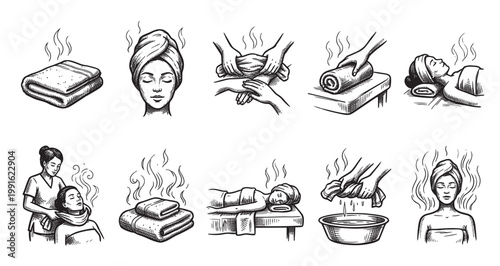 Collection of hand-drawn illustrations depicting various spa treatments, including hot towels, facial massage, and relaxation, conveying a sense of calm and rejuvenation.