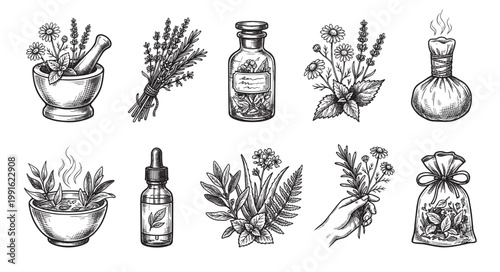 A collection of vintage, hand-drawn illustrations depicting various elements of herbal medicine, including a mortar and pestle, herbs, bottles, and spa bags, perfect for health and wellness themes.