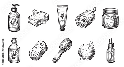 Hand-drawn sketch collection of organic skincare and bath products including soap, lotion, sponges, and oil bottles in a clean, illustrative style.