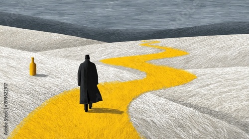 Man in Black Coat Walks on Yellow Path Through Surreal Landscape.