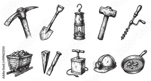 A collection of vintage mining tools and equipment rendered in a black and white sketch style, perfect for historical or industrial design concepts.