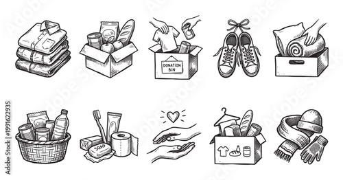 Hand-drawn illustrations depict various items for charitable donation including clothing, food, shoes, and toiletries, representing support and kindness.