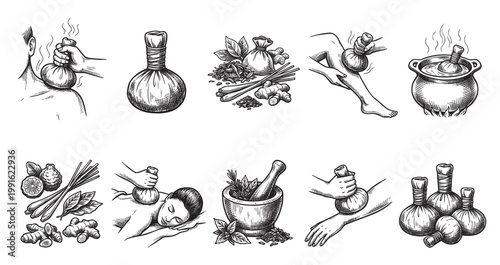 Collection of hand-drawn illustrations depicting Thai herbal compress massage therapy, showing ingredients like lemongrass and ginger, and various massage applications.
