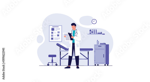 A focused male physician standing in a quiet examination room carefully reviews a printed medical report surrounded by clinical gear with a soft lavender color motif.