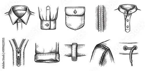 A black and white sketch collage depicts various clothing details like shirt collars, pockets, zippers, and laces, offering a vintage illustration style for fashion design or concepts.