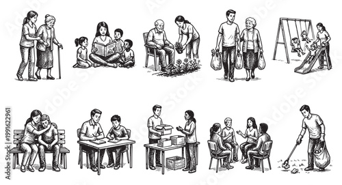 A collection of black and white hand-drawn illustrations depicting diverse people engaged in various community and family activities, symbolizing kindness and unity.