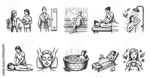 A collection of hand-drawn line art illustrations depicting various spa and wellness treatments, including massage, facial, sauna, and bathing rituals.