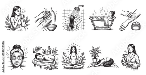 Hand drawn illustrations depict a woman enjoying various self care activities including drinking tea, showering, bathing, and practicing yoga for relaxation and wellness.