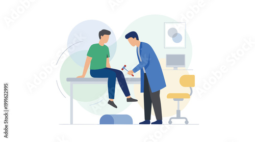 A dedicated male doctor wearing a blue lab coat carefully conducts a physical reflex examination on a young patient in a room with a soft green and blue color motif.