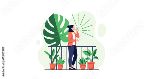 A relaxed woman standing on a sunny balcony filled with lush green potted plants enjoys a moment of deep breathing in a space with a fresh and green color motif.