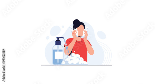 A young woman meticulously cleanses her face with rich white soap lather while standing in a clean bathroom environment with a soft and pristine blue color motif.