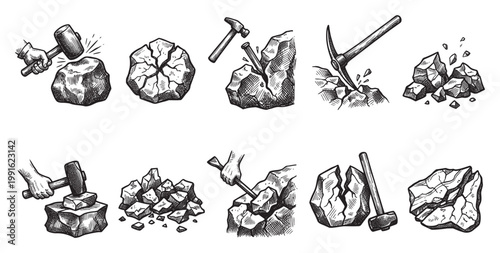 A collection of vintage style line art illustrations depicts various hand tools like hammers and a pickaxe actively engaged in breaking and shaping rocks and stones.