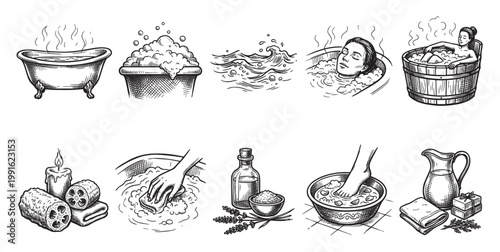 A collection of black and white line art illustrations depicting various spa and bath elements like bathtubs, soap, candles, and foot soaks, evoking relaxation and self-care.
