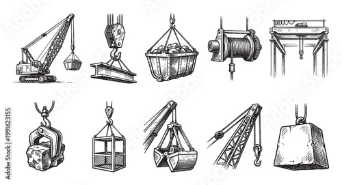 This hand-drawn illustration features a collection of construction and industrial lifting equipment, including cranes, hooks, buckets, and winches, in a classic black and white sketch style.