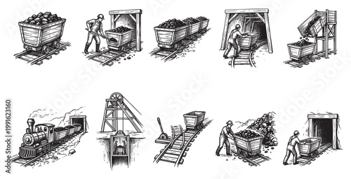 Vintage ink sketch style illustrations depict various stages of coal mining including carts, a train, and miners working underground and above ground for industry or history themes.