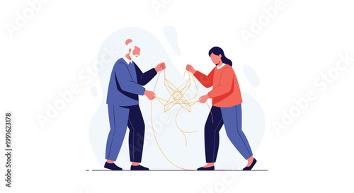 An elderly man and a younger woman collaborate patiently to untangle a complex and glowing golden web of threads in a space with a soft and neutral color motif.