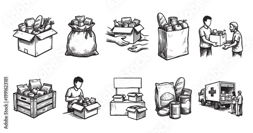 Collection of line art illustrations depicting various scenes of food donation, including boxes, bags, and people involved in the process.