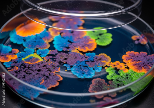 Macro photography of colorful bacterial colonies with fractal patterns, growing in a petri dish under a lid, showcasing the vibrant beauty of microbiology and scientific research.