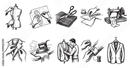 Hand drawn sketch collage depicting various stages of sewing and tailoring a suit, including measurements, pattern drafting, fabric cutting, and finishing touches.