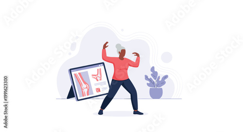 A proactive elderly woman practices graceful tai chi movements while following a digital instructional video in a room with a soft and lavender color motif.
