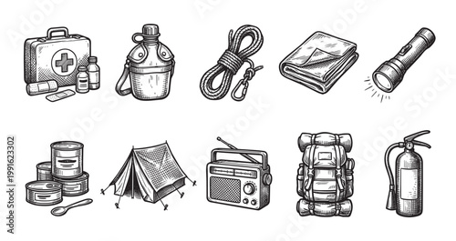 This hand-drawn illustration depicts essential outdoor survival gear arranged against a white background, perfect for illustrating preparedness and adventure.