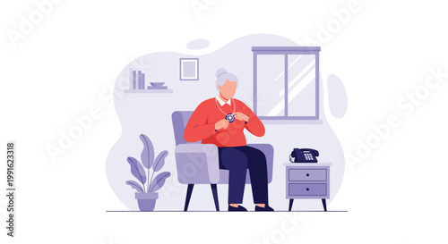 A senior woman sitting comfortably in a purple armchair uses a medical alert pendant to call for help in a room with a soft and comforting purple color motif.