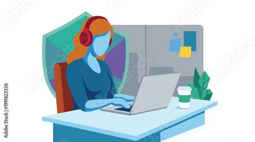 A professional woman wearing red headphones works diligently on a laptop computer in front of a large shield icon with a secure and technical blue color motif.