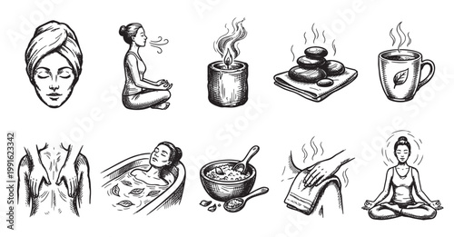 A collection of hand-drawn black and white illustrations depicting various spa and wellness activities, including meditation, hot stone massage, and herbal baths.
