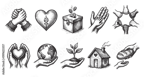 A collection of hand-drawn illustrations depicting unity, generosity, and care, including hands clasped in friendship, giving to others, and supporting symbols of home and planet.