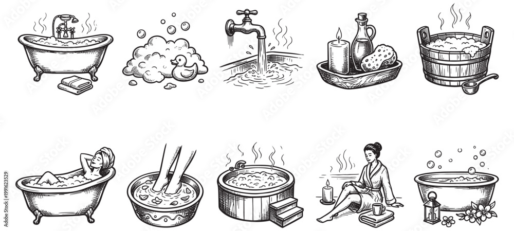 Fototapeta premium A collection of hand-drawn illustrations depicting various bathing and spa scenes, including bathtubs, hot tubs, foot soaks, and relaxation elements.