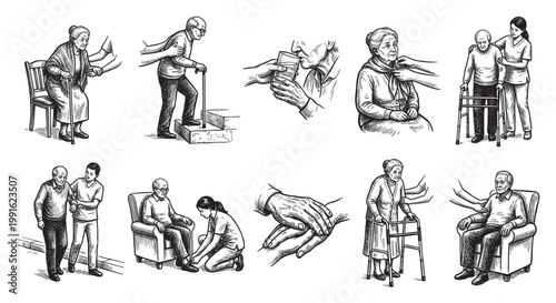 A collection of black and white illustrations depicts various scenes of elderly care, showing caregivers assisting seniors with mobility, drinking, and personal needs.