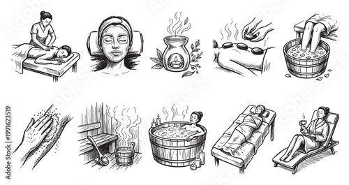 A collection of black and white illustrations depicting various spa treatments and relaxation techniques, including massage, facials, hot stone therapy, and saunas.