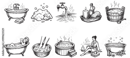 A collection of hand-drawn illustrations depicting various bathing and spa scenes, including bathtubs, hot tubs, foot soaks, and relaxation elements.
