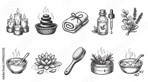 A collection of hand-drawn spa elements including candles, hot stones, towel, oil, herbs, water lily, brush, and bowls.
